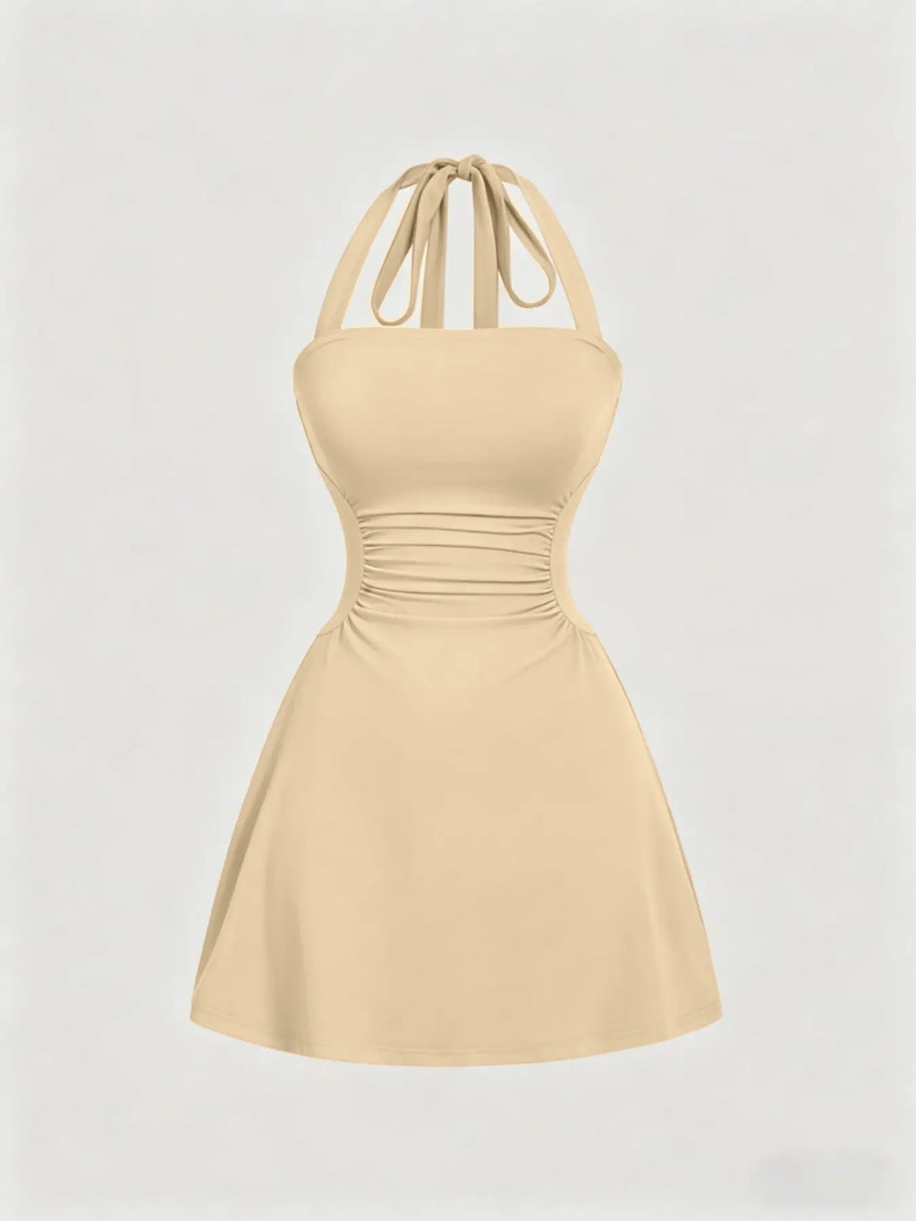 Women's Plain Ruched Tie Back Halter Neck Dress