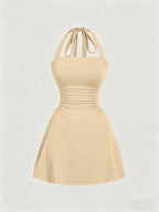 Women's Plain Ruched Tie Back Halter Neck Dress