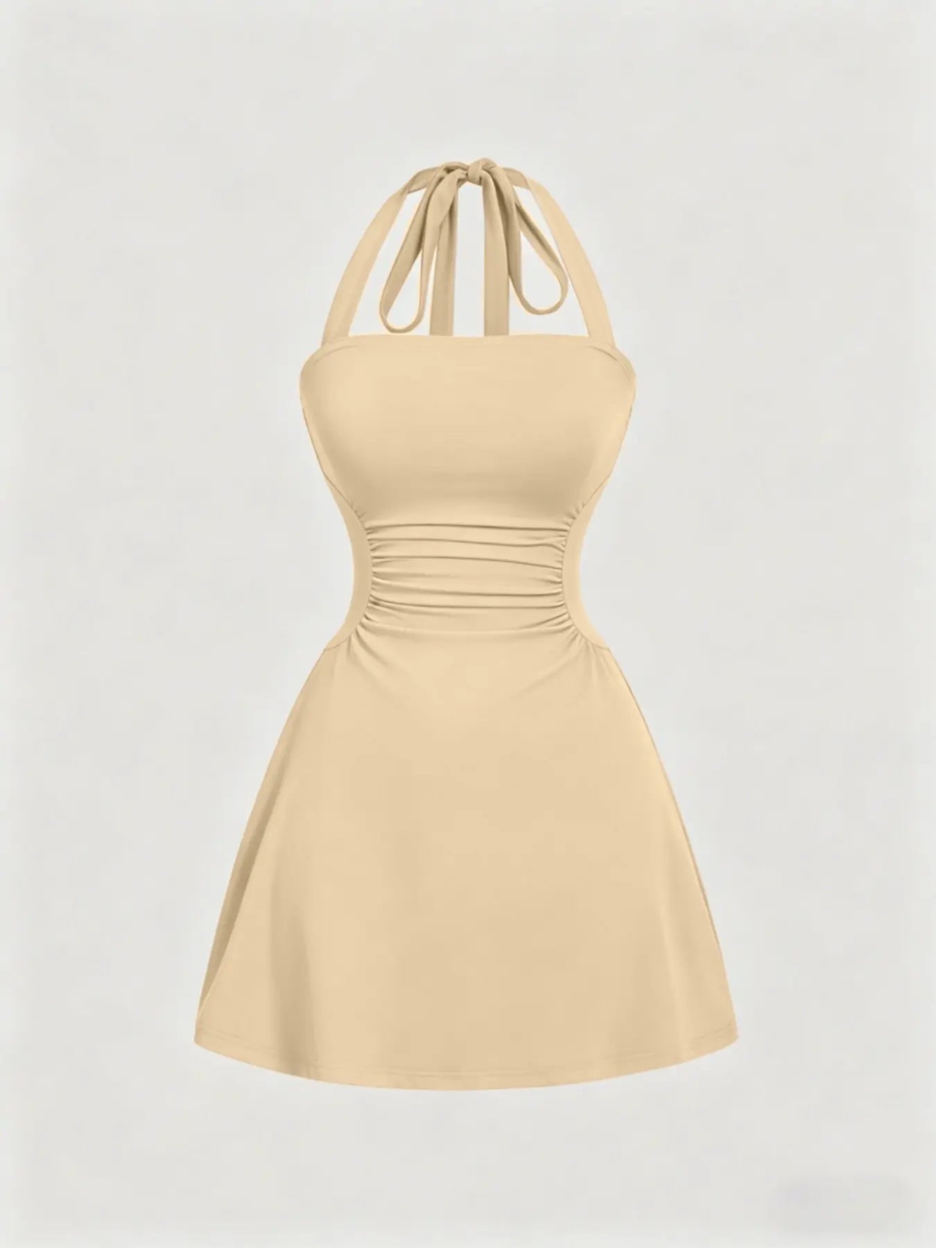 Women's Plain Ruched Tie Back Halter Neck Dress