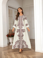 Elegant Boho Muslim Women's Long Robe, All over Print, Loose-Fitting, Round Neck, Flap Sleeves, Long Sleeve, All Seasons