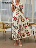 Women's Floral Print Button Front Dress, Boho French Style Short Sleeve Dress for Summer, Women's Clothes for Beach Vacation Holiday