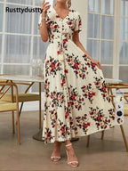 Women's Floral Print Button Front Dress, Boho French Style Short Sleeve Dress for Summer, Women's Clothes for Beach Vacation Holiday
