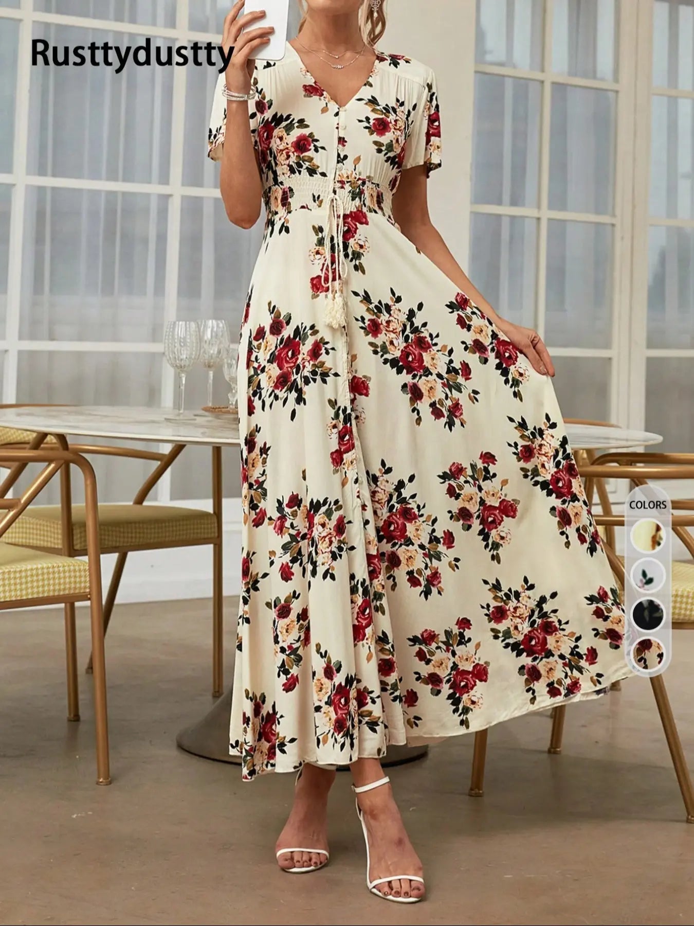 Women's Floral Print Button Front Dress, Boho French Style Short Sleeve Dress for Summer, Women's Clothes for Beach Vacation Holiday
