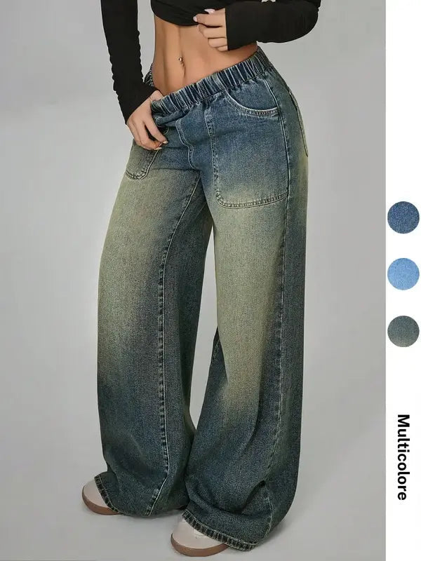 Women's High Waisted Casual Pants, Loose Wide Leg Jeans with Pockets, Elastic Waist, Button Front, All Seasons, Daily Wear