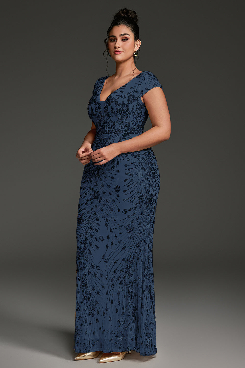 Curveins Plus Size V-neck and Waist Cinch Sequin Maxi Dress