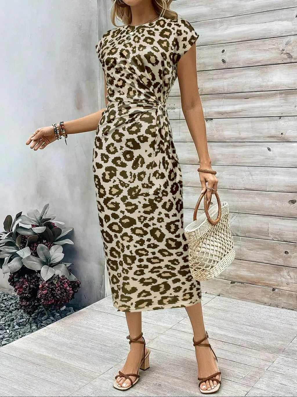 Women's Solid Color / Striped / All Over Print Knot Batwing Sleeve Dress, Casual Short Sleeve Round Neck Long Dress, Ladies Clothes for Beach Holiday