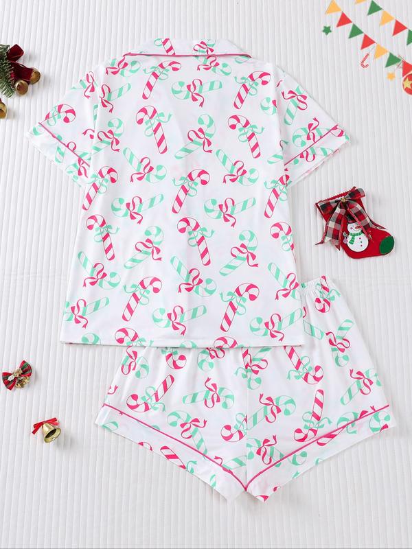 Women's Christmas Pajama Set, Santa Cookie Print, Short Sleeve Button-up Top & Elastic Shorts, Casual All-season Sleepwear, Christmas Pyjamas, Loungewear