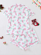 Women's Christmas Pajama Set, Santa Cookie Print, Short Sleeve Button-up Top & Elastic Shorts, Casual All-season Sleepwear, Christmas Pyjamas, Loungewear