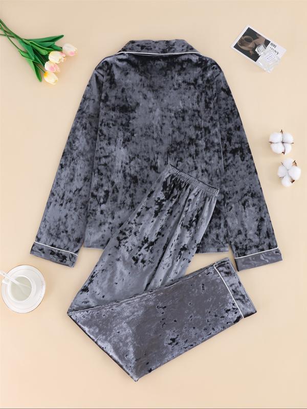 Women's Elegant Winter Pajama Set, Fitted Long Sleeve Button-Up Top & Warm Pants, Comfortable Home Wear for Cold Weather