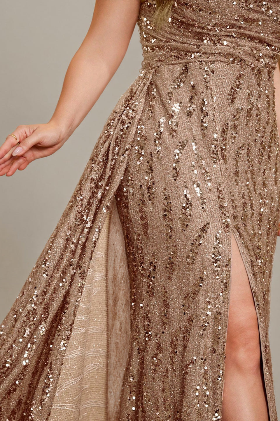 Curveins Plus Size V Neck Side Slit Spaghetti Strap Sequin Fitted Maxi Dress