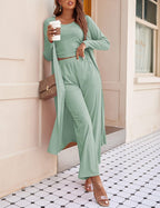 Women's 3 Piece Lounge Set Pajama Long Sleeve Cardigan Sleeveless Top Pants Sweatsuit