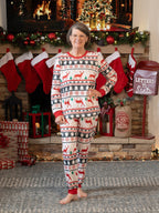 Family Christmas Pajamas All Over Reindeer Print Long-sleeve with Christmas Socks (SGS Certied Safety) Red+White