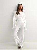 Women's Fall New Round Neck Flare Long Sleeve Top & Elastic Waist Straight Leg Pants Set, Casual Fashion for Daily Wear