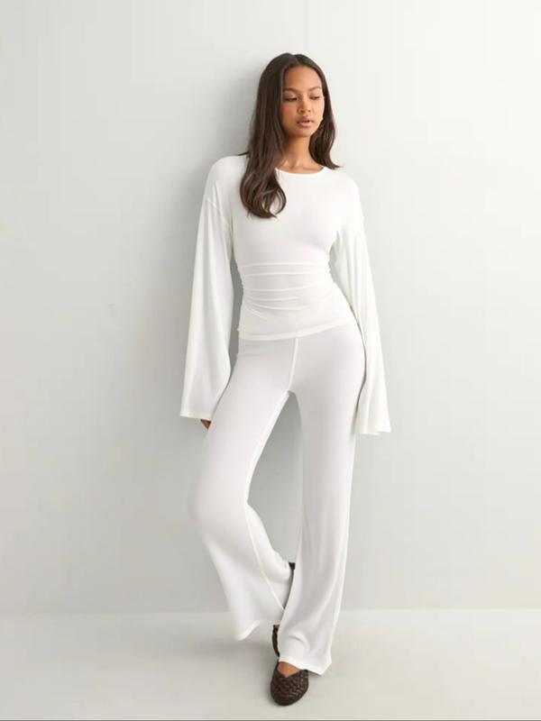 Women's Fall New Round Neck Flare Long Sleeve Top & Elastic Waist Straight Leg Pants Set, Casual Fashion for Daily Wear