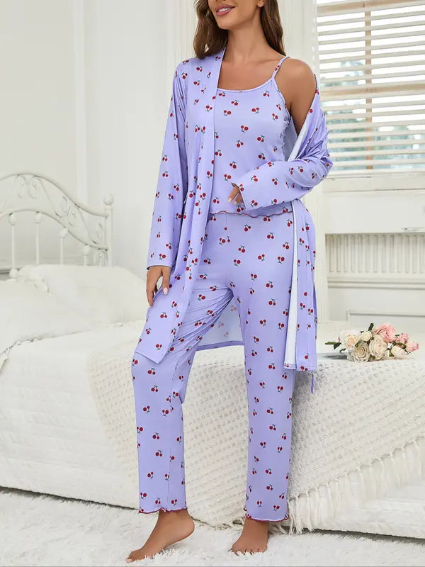 Cherry Print Women's Nightgown Set + Strap Pants