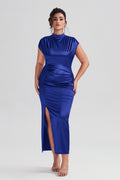 Plus Size Satin High-Waisted Blue Maxi Dress