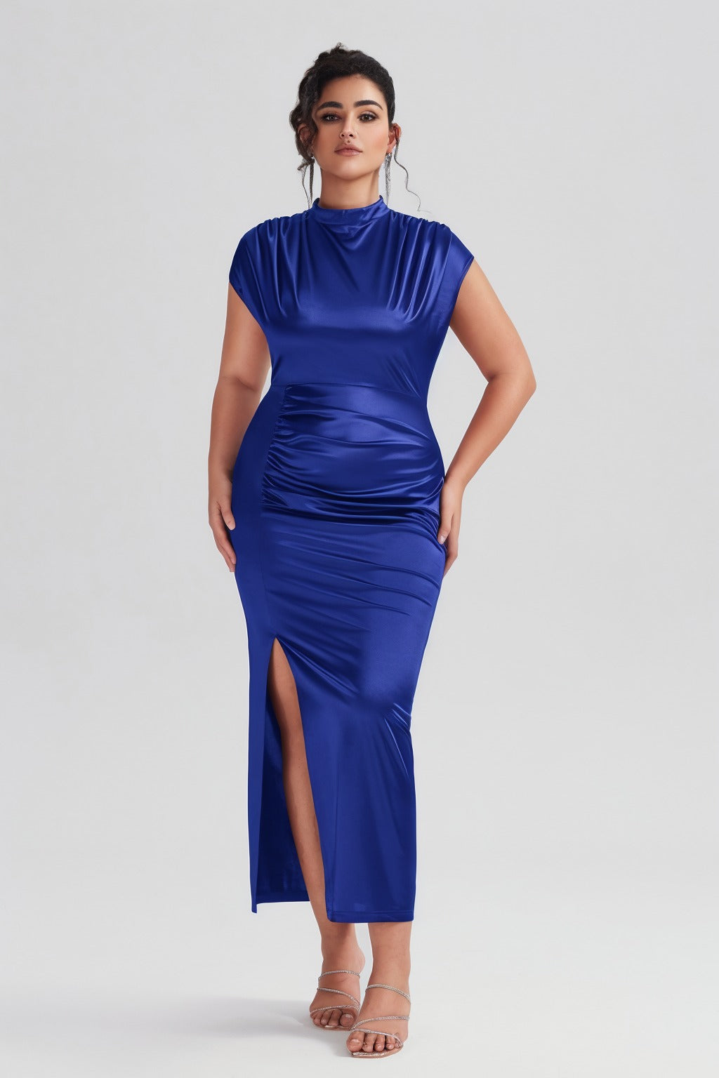 Plus Size Satin High-Waisted Blue Maxi Dress