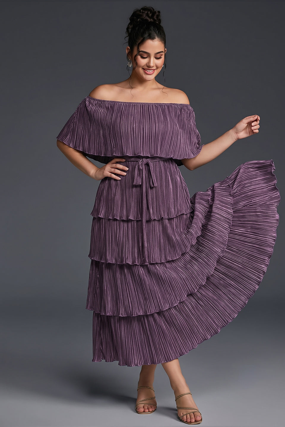 Curveins Plus Size Off-Shoulder Pleated Tiered Maxi Dress