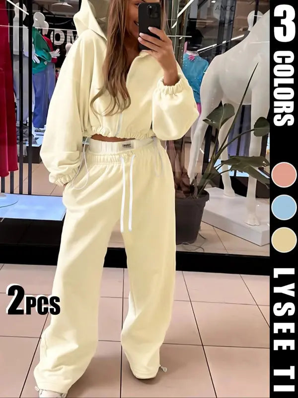 Women's Fashion Solid Color Casual Sports Style Drawstring Waist Hoodie Loose Set