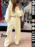 Women's Fashion Solid Color Casual Sports Style Drawstring Waist Hoodie Loose Set
