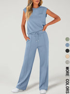 Women's Solid Tank Top & Drawstring Waist Pants Two-piece Set, Casual Sleeveless Round Neck Top & Trousers for Daily Wear, Ladies Two-piece Outfits for All Seasons