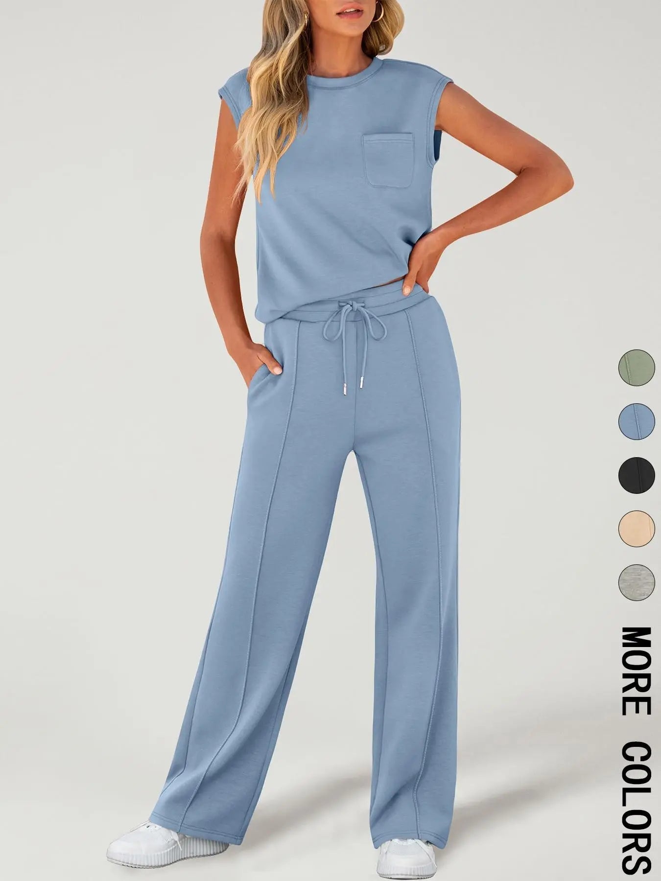 Women's Solid Tank Top & Drawstring Waist Pants Two-piece Set, Casual Sleeveless Round Neck Top & Trousers for Daily Wear, Ladies Two-piece Outfits for All Seasons