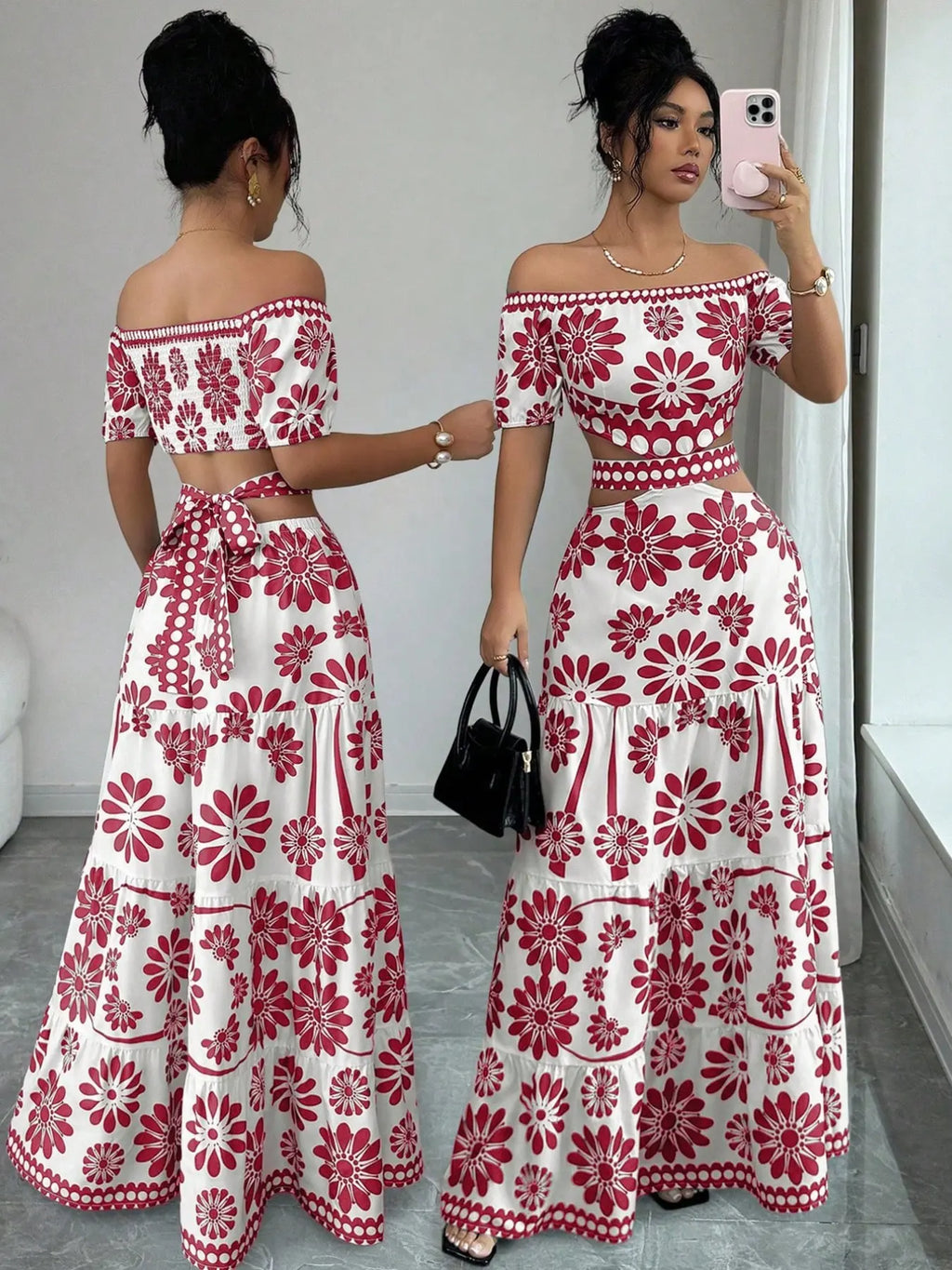 Women's off-the-shoulder short-sleeve floral dress with waist cutouts