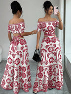 Women's off-the-shoulder short-sleeve floral dress with waist cutouts