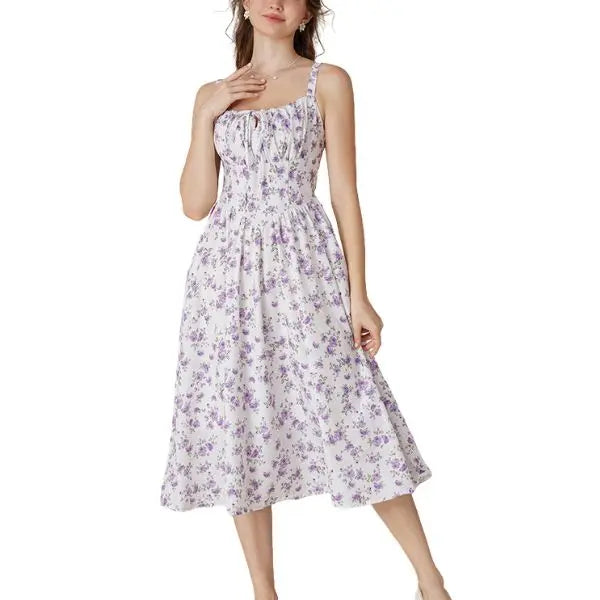 Women's Strappy Sleeveless Milkmaid Corset Flowy Midi Sundress