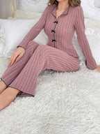 Women's Solid Lettuce Trim Top & Pants Loungewear Two-Piece Set, Casual Comfy Long Sleeve V Neck Top & Trousers PJ Set, Ladies Sleepwear for All Seasons