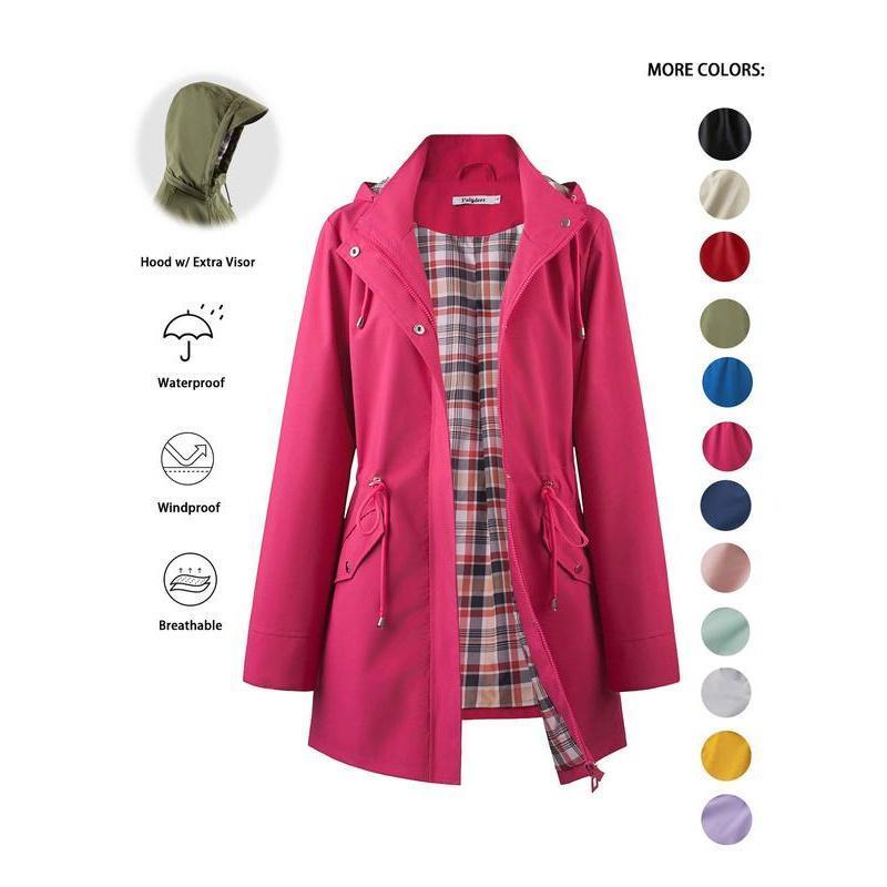 Women's Solid Color Drawstring Zip-Up Hooded Trench Coat Long Sleeve Waterproof Windproof Soft Comfortable Casual Outerwear Suitable For Spring Fall Daily Wear Outings