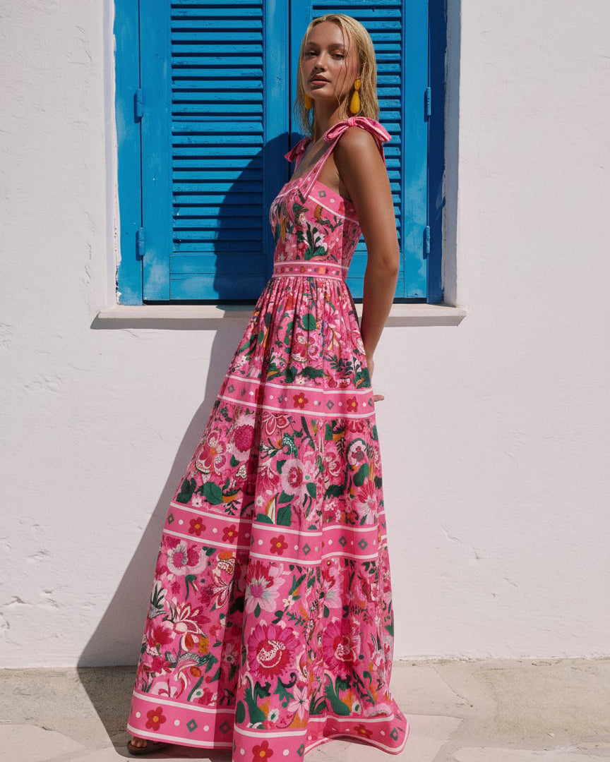 Pink Floral Paradise Print One Piece Swimsuit and Skirt