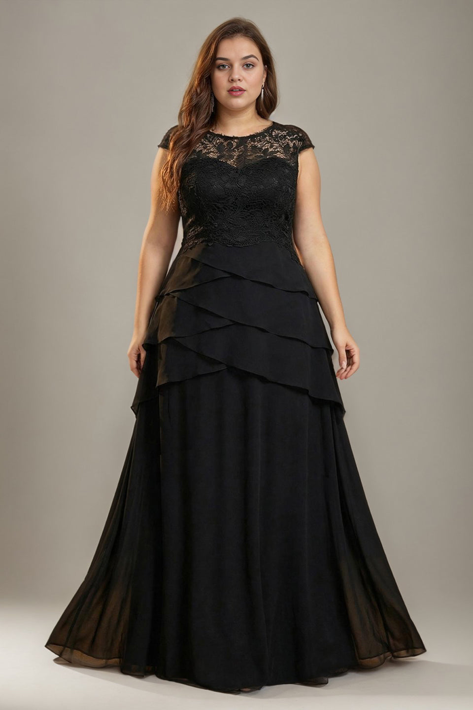 Curveins Plus Size Round Neck Chiffon Cross Ruffle A-Line Sheer Elegant Maxi Dress