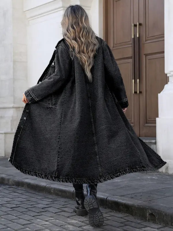 Women's Button Front Denim Coat, Elegant Casual Long Sleeve Denim Jacket for Spring & Fall, Women's Clothing for Daily Wear, Outerwear