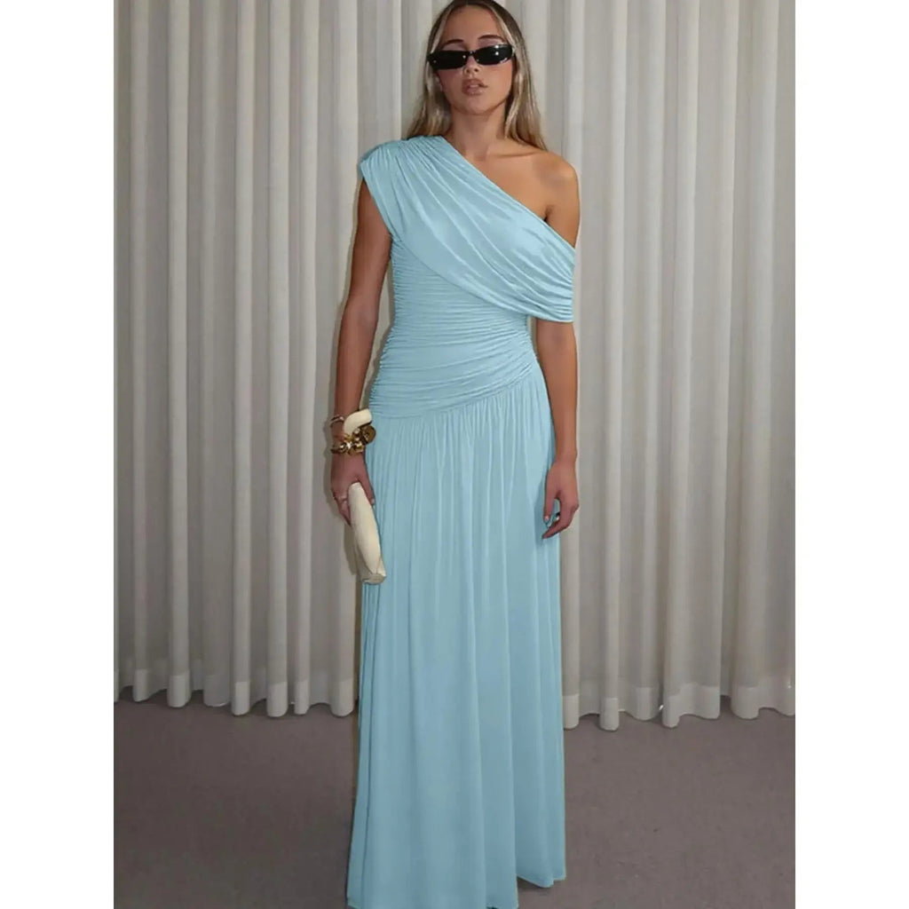 Women's Solid Color Ruched Dress, Elegant Dress Evening Party Gown, Ladies Summer Clothes, Asymmetrical Ruched Dress