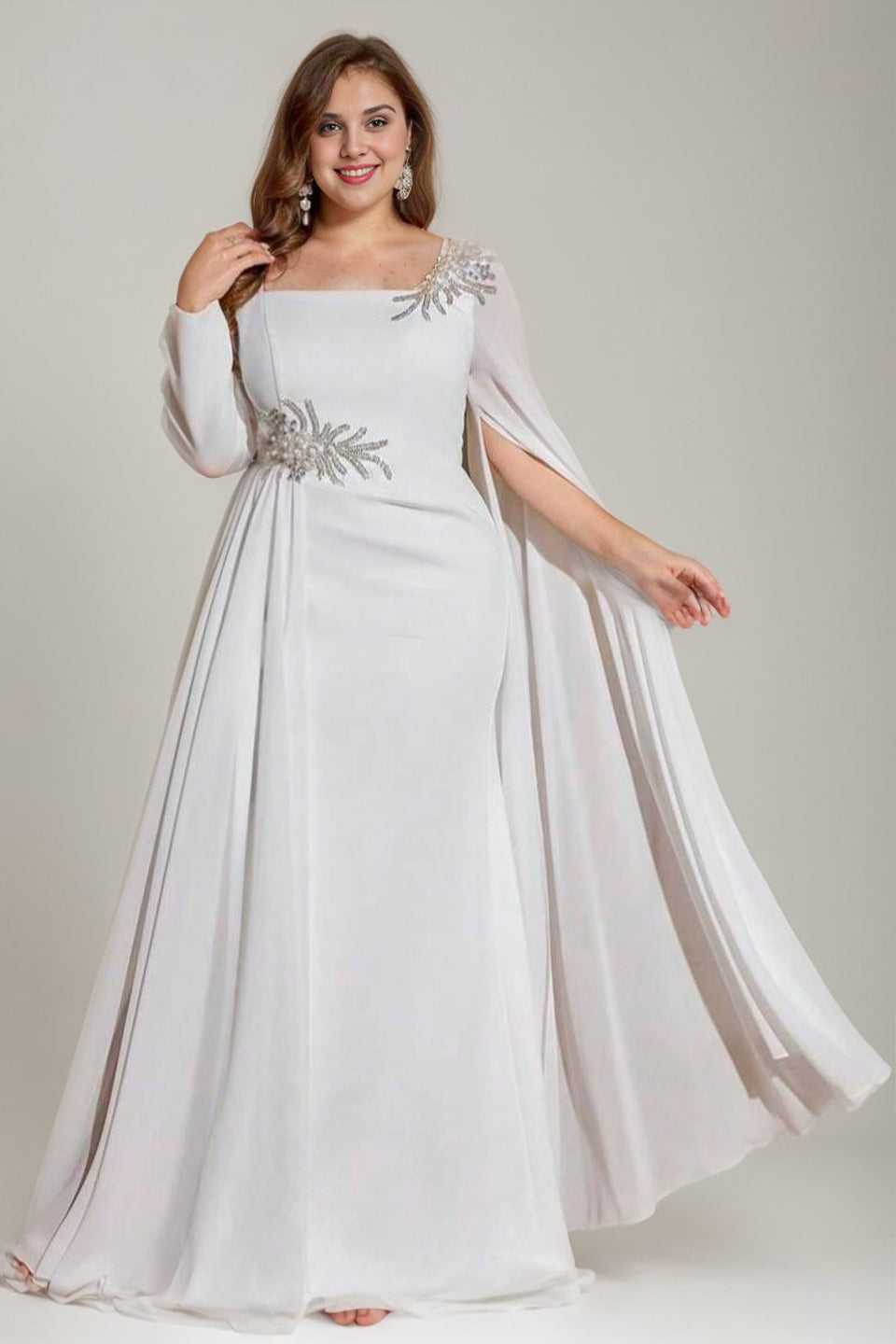Curveins Plus Size Long Sleeve Ruched Waist Elegant Flowing Maxi Dress