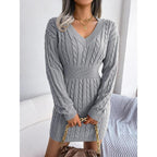 Women's Cozy V-Neck Cable Knit Sweater Dress – Soft Textured Drop Shoulder Long Sleeve Dress for Fall & Winter