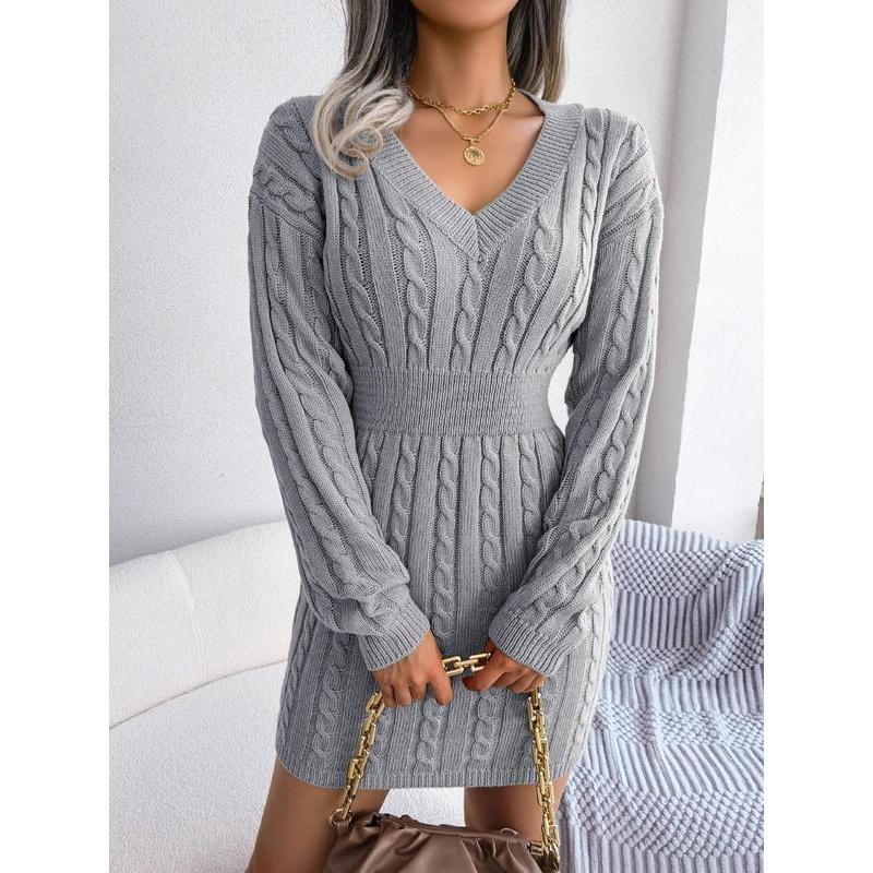 Women's Cozy V-Neck Cable Knit Sweater Dress – Soft Textured Drop Shoulder Long Sleeve Dress for Fall & Winter