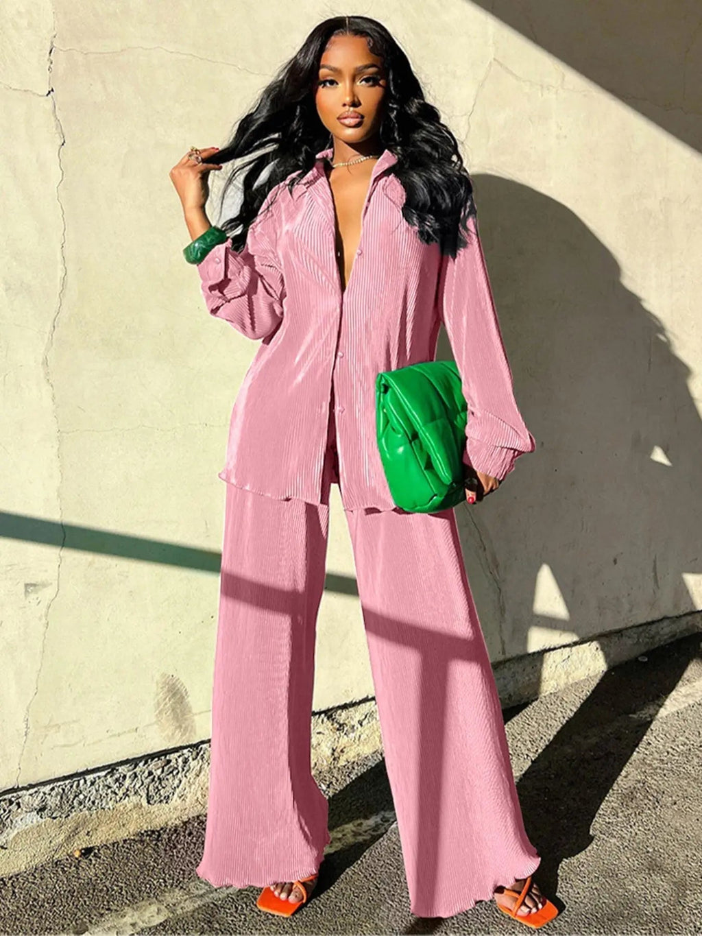 Women's Solid Button Front Shirt & Elastic Waist Pants Two-piece Set