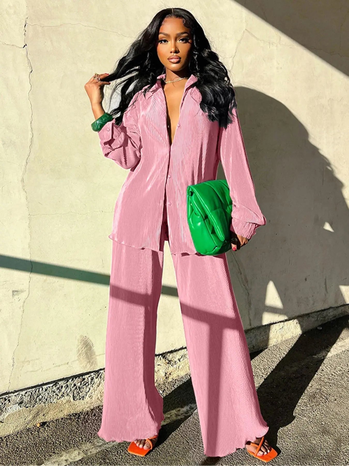 Women's Solid Button Front Shirt & Elastic Waist Pants Two-piece Set