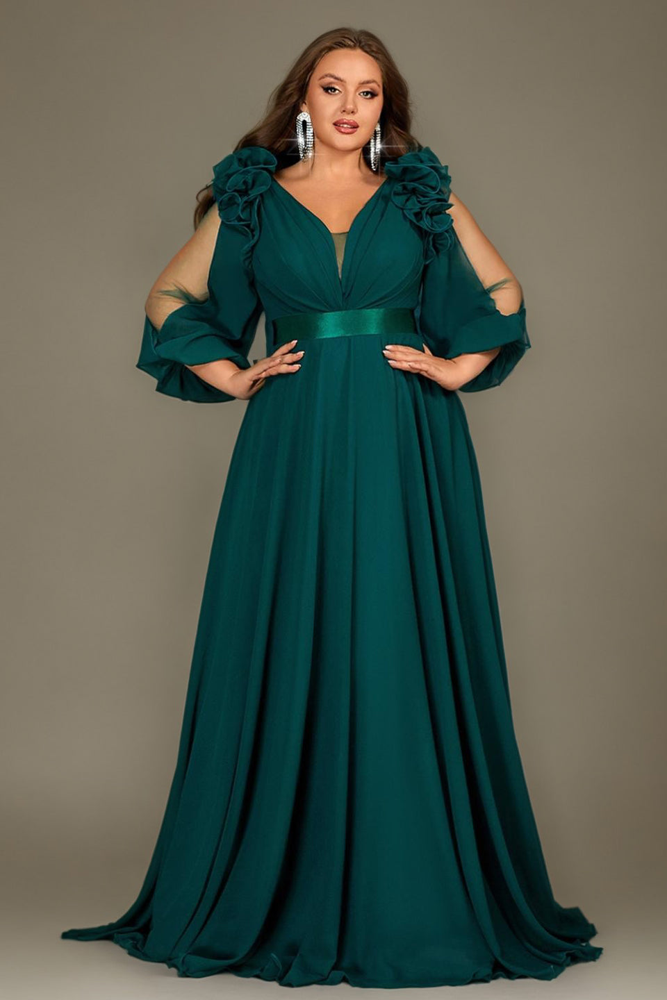 Curveins Plus Size Elegant V-Neck Batwing Sleeve Waist-Hugging Long Dress