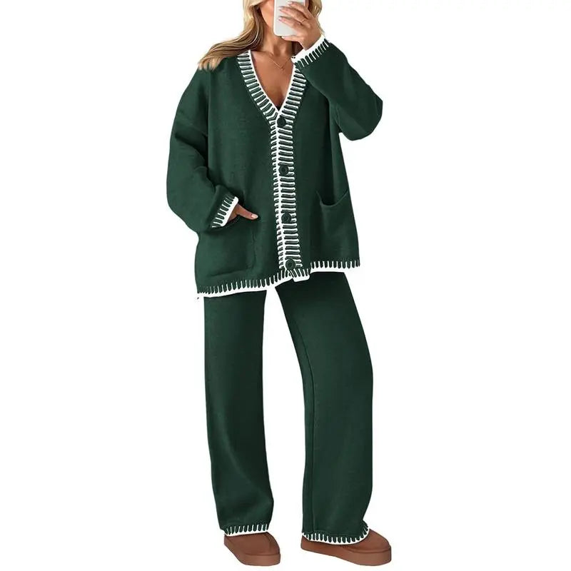 Women's 2 Piece Set Winter Knit Outfits Matching Loungewear Long Sleeve V Neck Cardigan Sweaters Wide Leg Pants Tracksuits