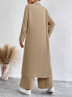 Women's Solid Button Front Shirt & Wide Leg Pants Two-piece Set, Casual Drop Shoulder Long Sleeve Top & Trousers Set, Women's Clothes for Daily Wear