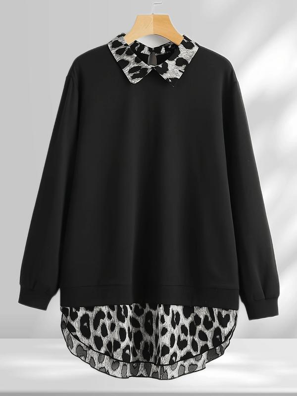 [Plus Size] Leopard Print Curved Hem Pullover Sweatshirt, Casual Long Sleeve Sweatshirt for Fall & Winter, Women's Clothing for Daily Wear