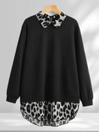 [Plus Size] Leopard Print Curved Hem Pullover Sweatshirt, Casual Long Sleeve Sweatshirt for Fall & Winter, Women's Clothing for Daily Wear