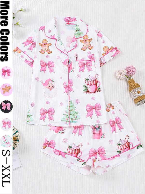 Women's Christmas Pajama Set, Santa Cookie Print, Short Sleeve Button-up Top & Elastic Shorts, Casual All-season Sleepwear, Christmas Pyjamas, Loungewear
