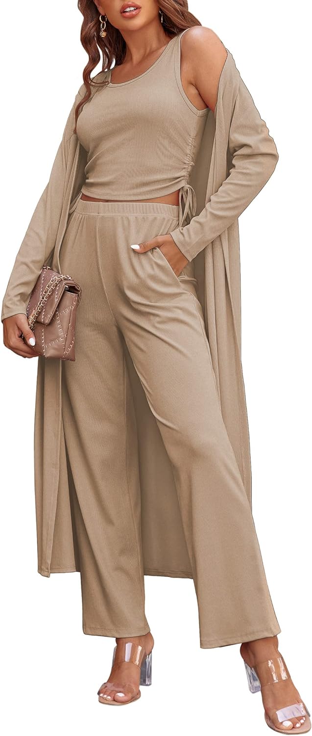 Women's 3 Piece Lounge Set Pajama Long Sleeve Cardigan Sleeveless Top Pants Sweatsuit