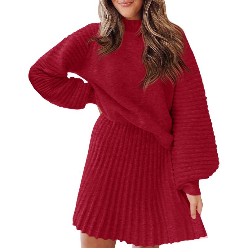 Women's 2 Piece Outfits 2025 Long Sleeve Mock Neck Ribbed Sweaters And Mini Skirt Two Piece Sets