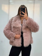 Women's Solid Color Faux Fur Fuzzy Jacket, Casual Long Sleeve Collared Fuzzy Coat for Fall & Winter, Women's Clothing for Daily Wear, Cute Tops