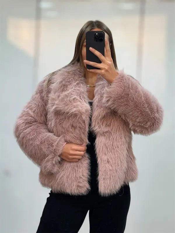 Women's Solid Color Faux Fur Fuzzy Jacket, Casual Long Sleeve Collared Fuzzy Coat for Fall & Winter, Women's Clothing for Daily Wear, Cute Tops